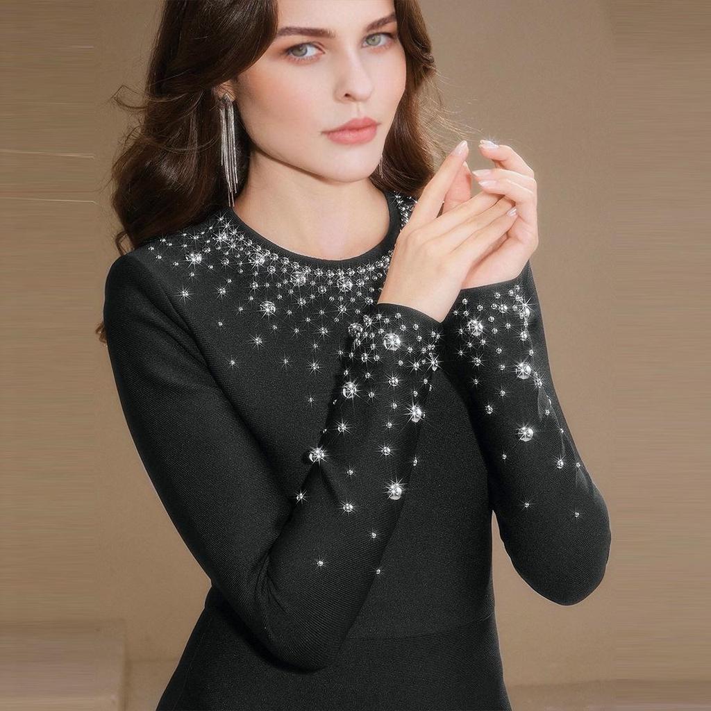 Sexy Long Sleeve Bandage Dress with Nail Detailing - Slim Fit Evening Gown