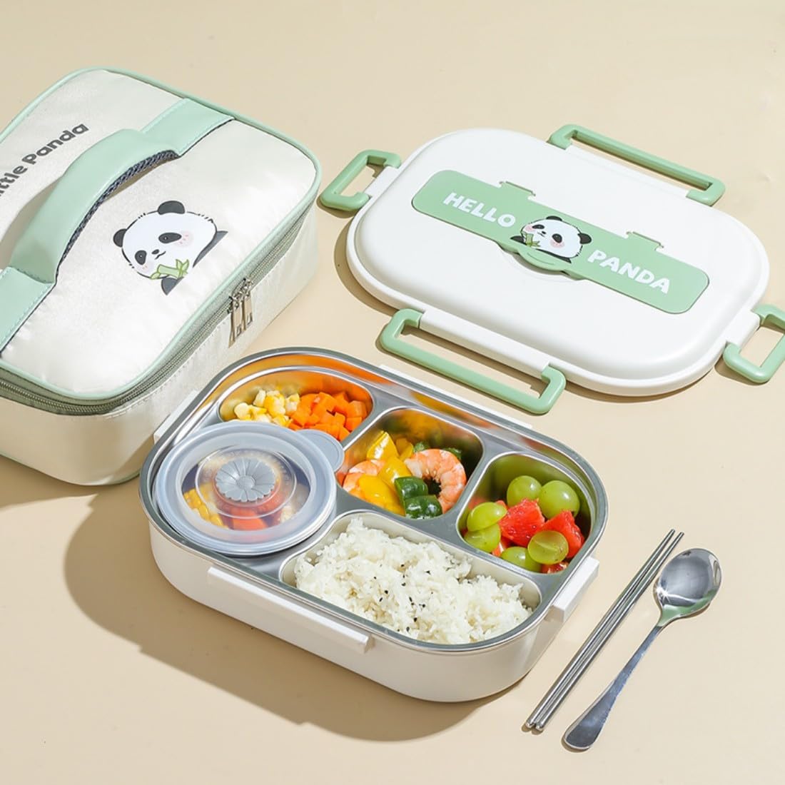 

Large Capacity Bento Box with Lunch 304 Stainless Food Meal Microwave Perfect for Office Sports Picnics Panda Bag, Chopsticks, Spoon, Steel, Airtight,