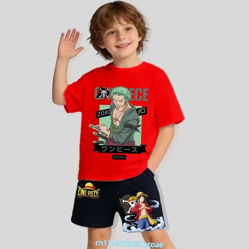 Children's Polyester Short-sleeved Shorts Set with "One Piece" Cartoon Print Boy's Sports Shirt for Summer T-shirt Set of 2 Pieces