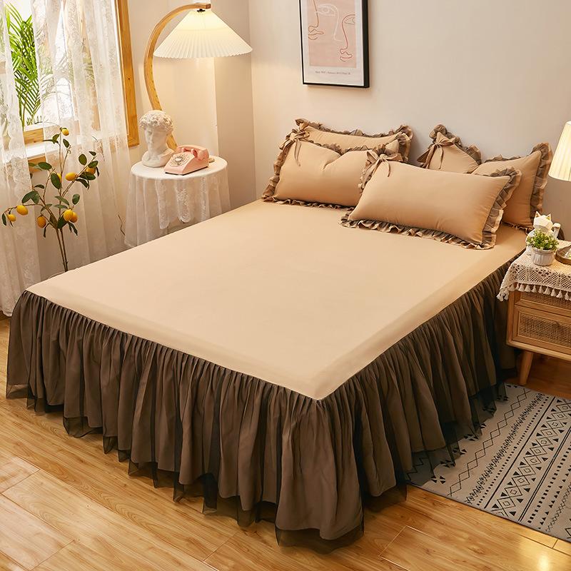 Wholesale Brushed Washed Cotton Bed Skirt Modern Simple Dust Ruffle with 3D Mesh Lace Pleated Edge Non-Slip Mattress Protector Cover Machine Washable