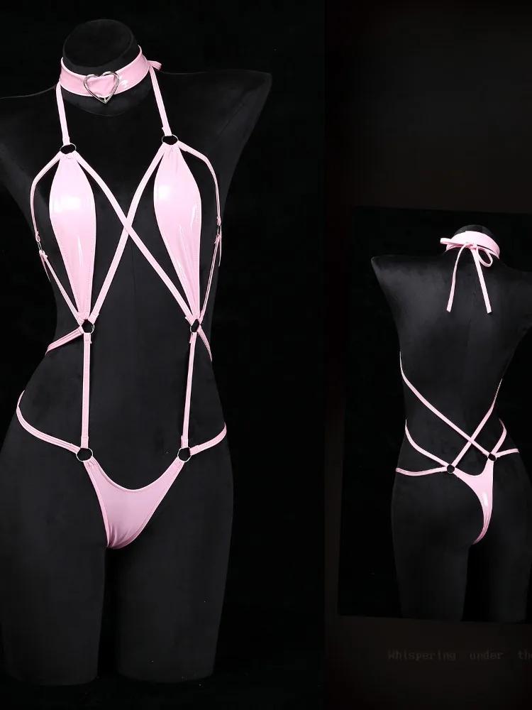 Lingeries Sexy Hot Porn PU Leather Erotic OpenBodysuit Zipper Open Crotch Bandage Breast Latex Look Women BDSM Underwear