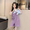 Girls Summer Solid Short Sleeve T Shirt with Cute Denim Overalls Set
