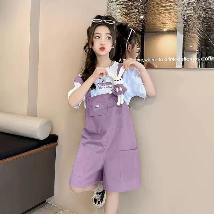 Girls Summer Solid Short Sleeve T Shirt with Cute Denim Overalls Set
