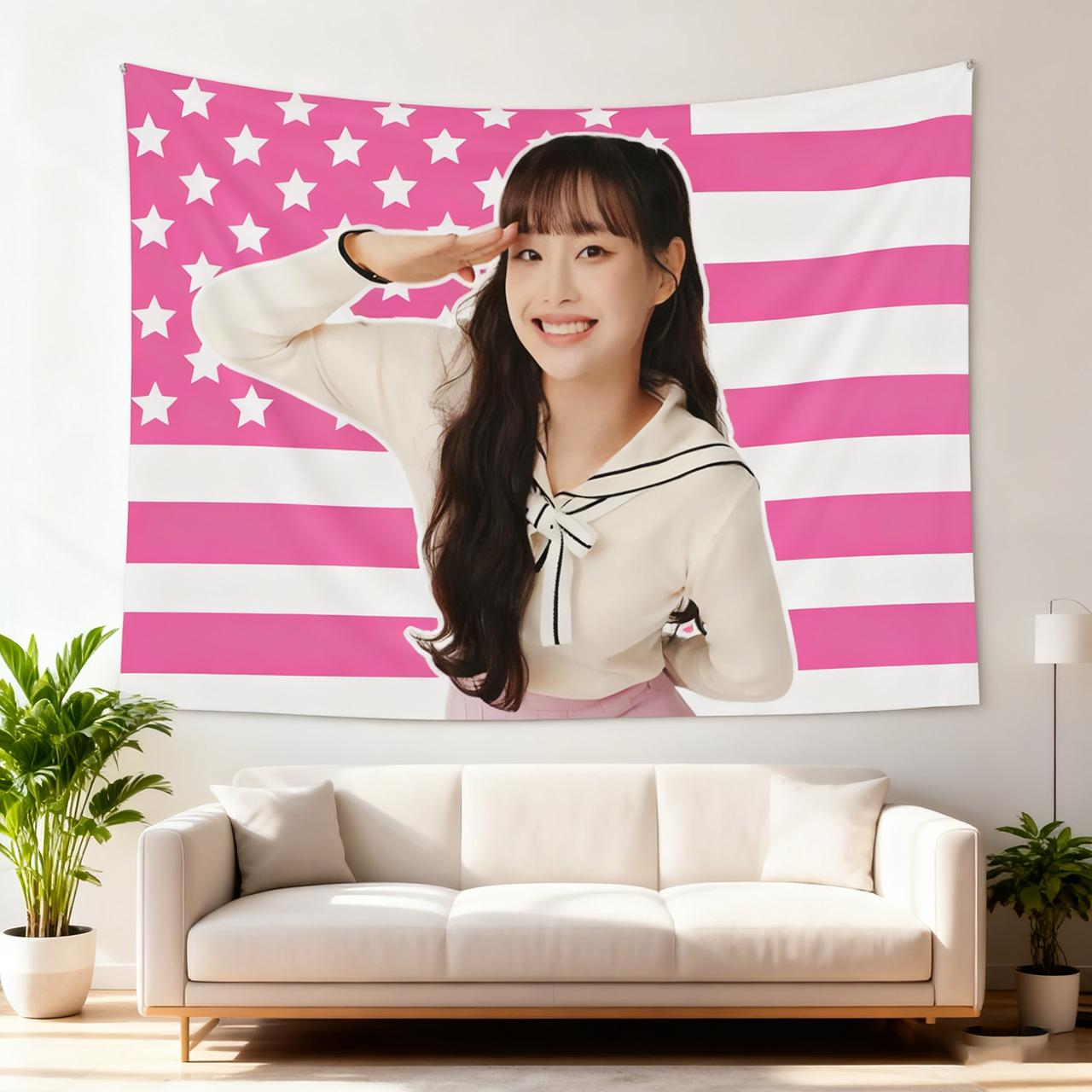 Deep Pink American Flag Tapestry Chuu Merch Decor Creative Gift for Chuu Fans 74x94cm(29x37in)