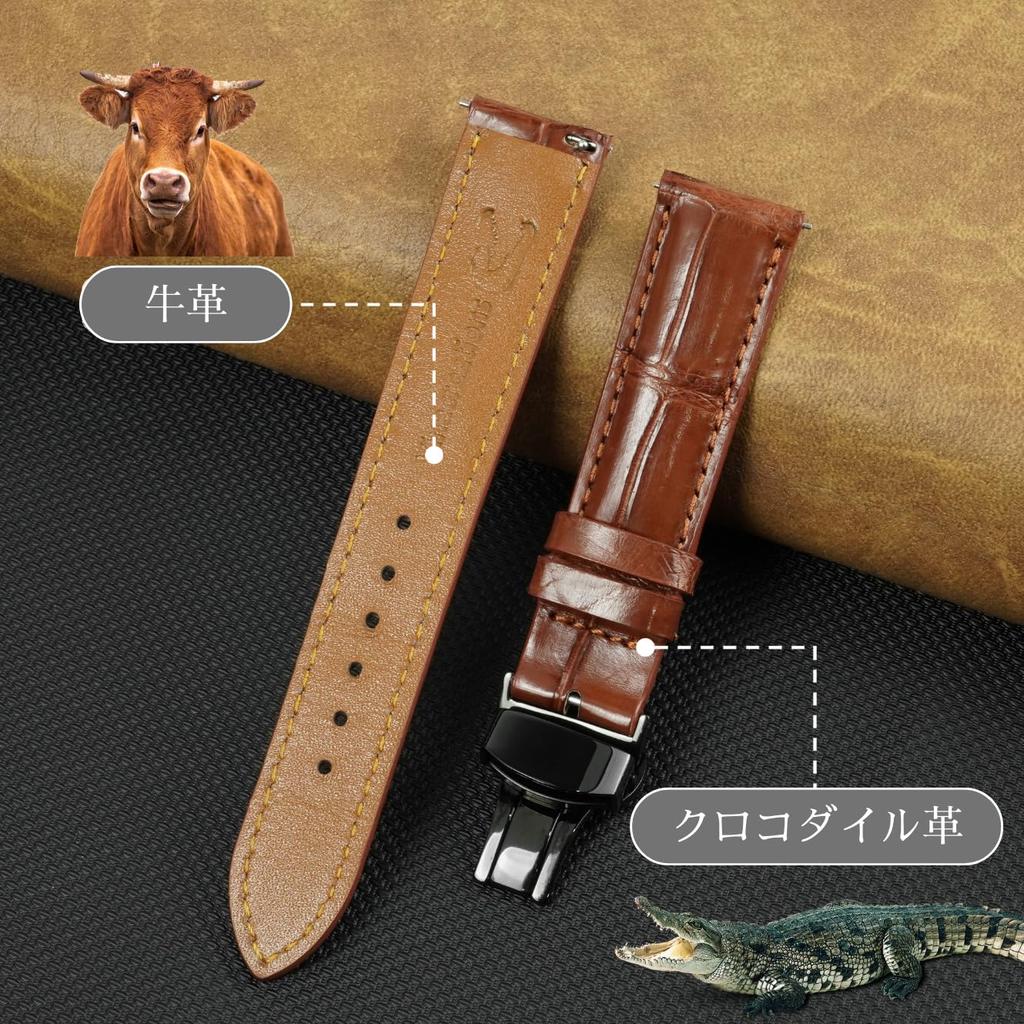 [vinacreations] 22mm Brown Crocodile Watch Strap with D-Buckle, Men's Crocodile Replacement Watch Band with Quick-Release Spring Bars, Black, Handmade