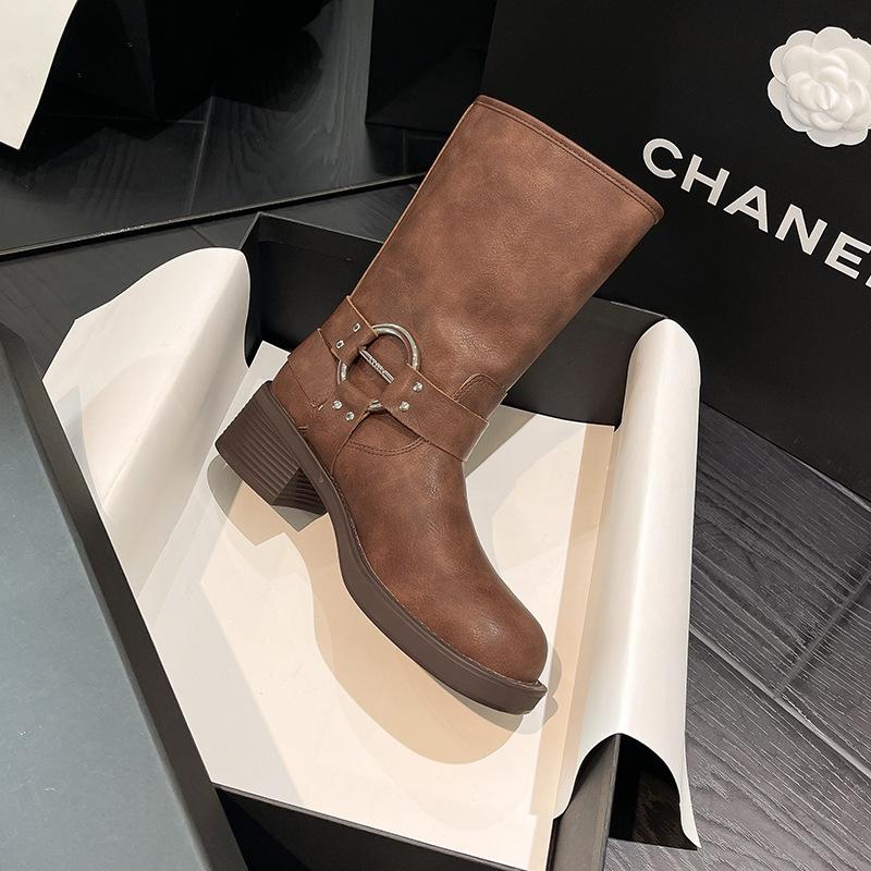 

Genuine leather western cowboy boots 2025 new British style retro versatile metal buckle medium tube Martin short boots ins cool 40 коричневый