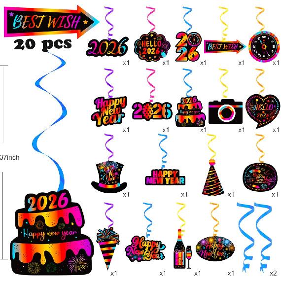 2026 Happy New Year Hanging Swirls New Years Party Decorations New Years Eve Ceiling Swirls Happy New Year Hanging Streames for Colorful New Year
