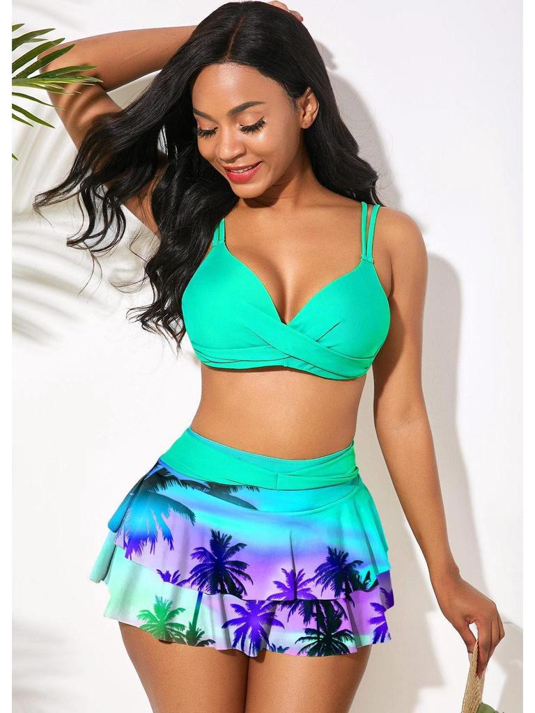 European & American High-Waisted Ruffle Print Bikini in Blue/Red