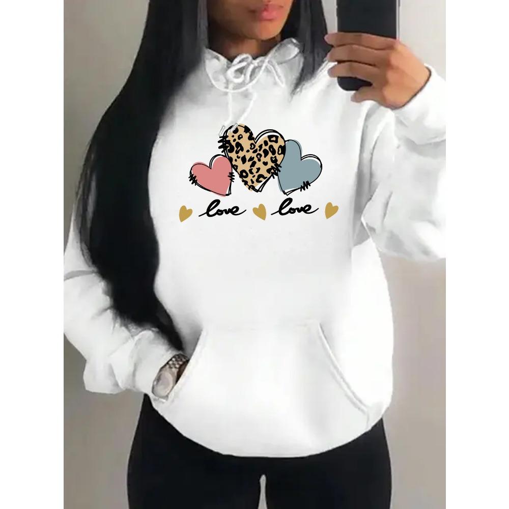 Pink Leopard Print Heart Combination Printing Women Hoody Loose Hip Hop Hoodie Casual Fleece Sportswear Y2K Hoodies