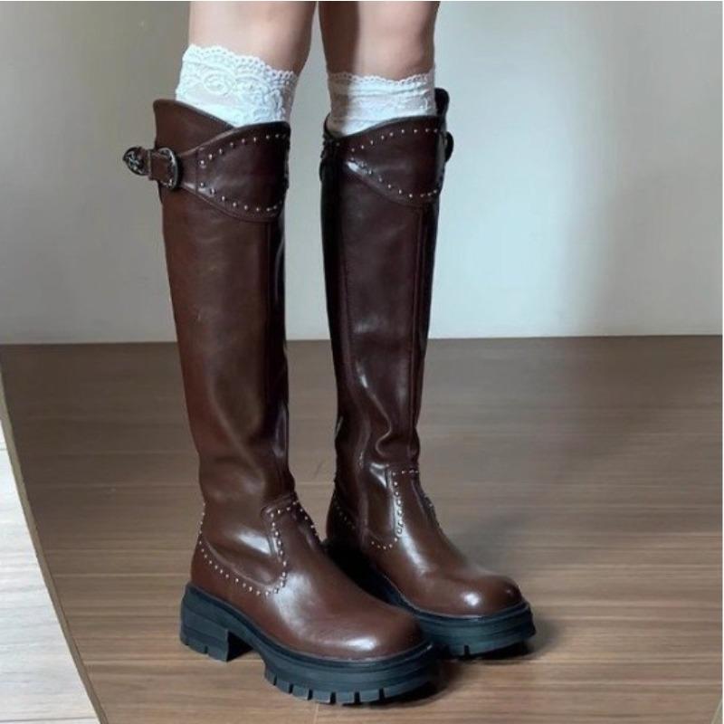 Fashion New Style Luxury Women's Thick Heel Cotton Boots Winter Round Head Side Zipper Rivet Metal Belt Buckle Thick Sole Non-slip Boots