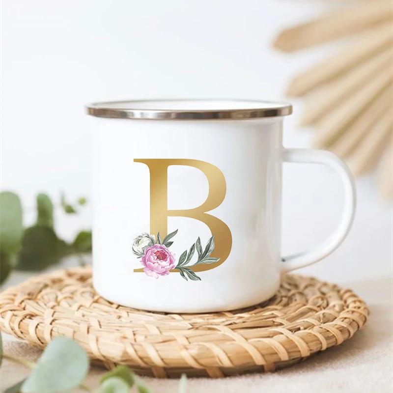 Letter Floral Print Vintage Enamel Mugs Creative Coffee Tea Cup Drink Dessert Milk Cups Handle Drinkware Wedding Bridesmaid Gift