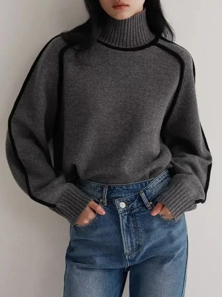 Podzim Zima Móda Nový Volný Svetr Dámský Elegantní Pletený Polovysoký Límec Dlouhý Rukáv Topy Elegantní Prošívání Dojížděcí Styl Teplý Svetr