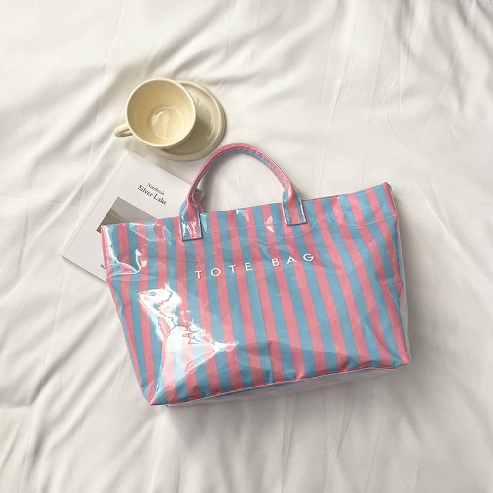 

Simple Waterproof PVC Striped Tote Bag Letter Print Large Capacity Transparent Jelly Bag Tote Pouch Stripe Beach Bag Storage Bag