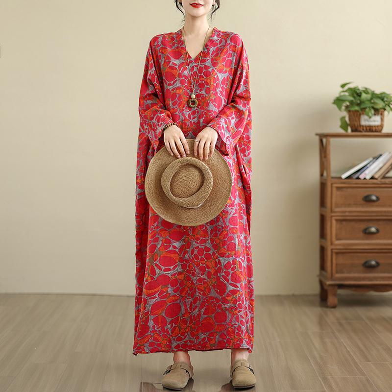 DIMANAF 2025 Women Plus Size Spring Long Dress Loose V-Neck Printing Vintage Casual Floral Oversize Long Sleeve 5034