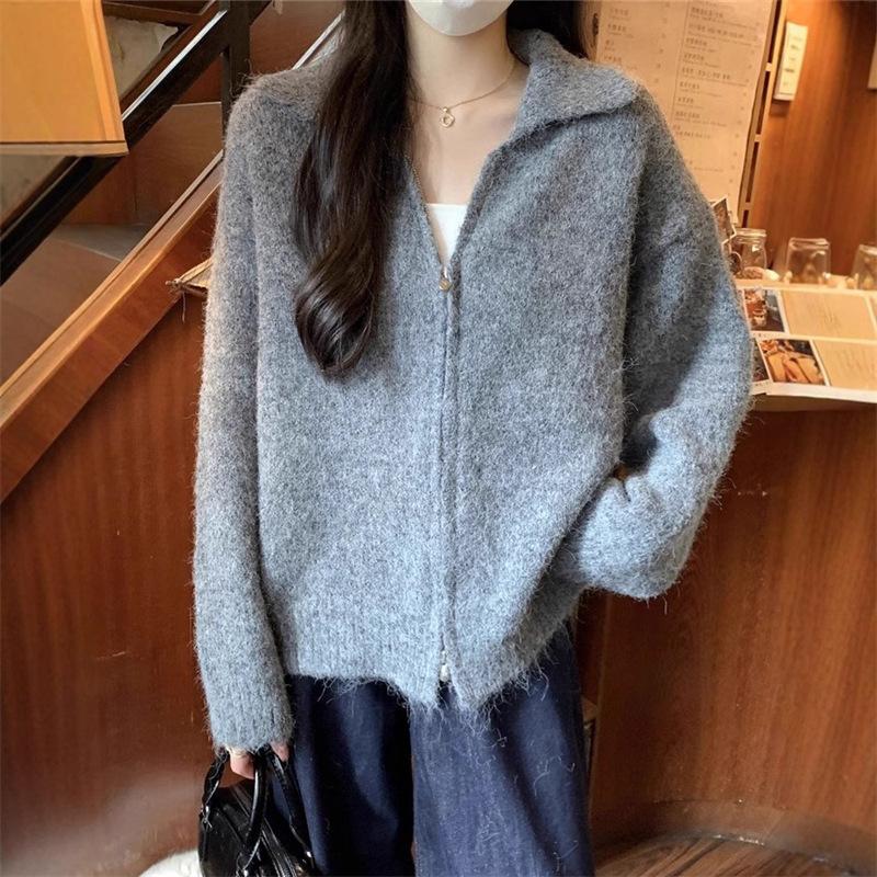 Lapel Zipper Sweater Women's Clothing Autumn and Winter New Lazy Wind Loose Soft Waxy Plush Knitted Cardigan Jacket