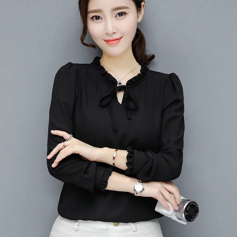 Autumn Loose Plus Size Bow Chiffon Shirt Women's Long Sleeved Solid Color Shirt Base Top