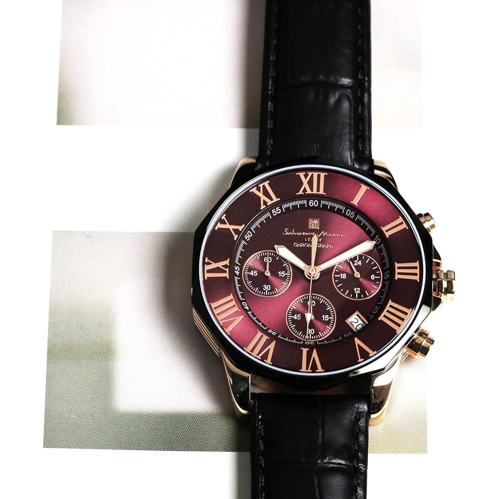 Salvatore Marra Men's Chronograph Watch Red 10 ATM Water Resistant Leather Strap Black SM15104-PGPLLE