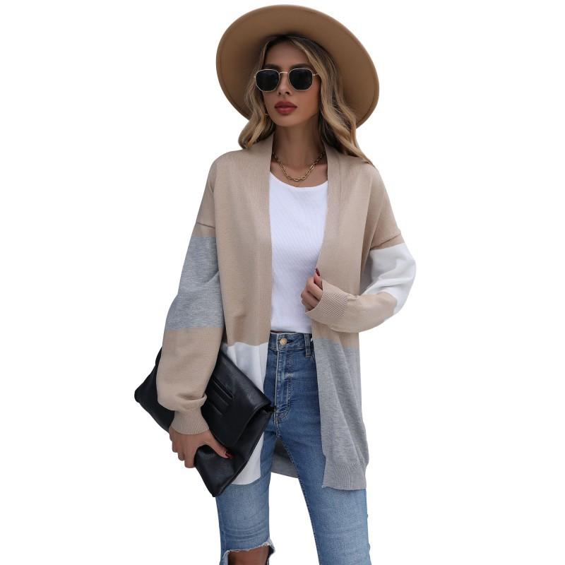 Casual Trend Versatile Women's Autumn and Winter Long Section Loose Color Blocking Knit Cardigan Sweater Jacket Female