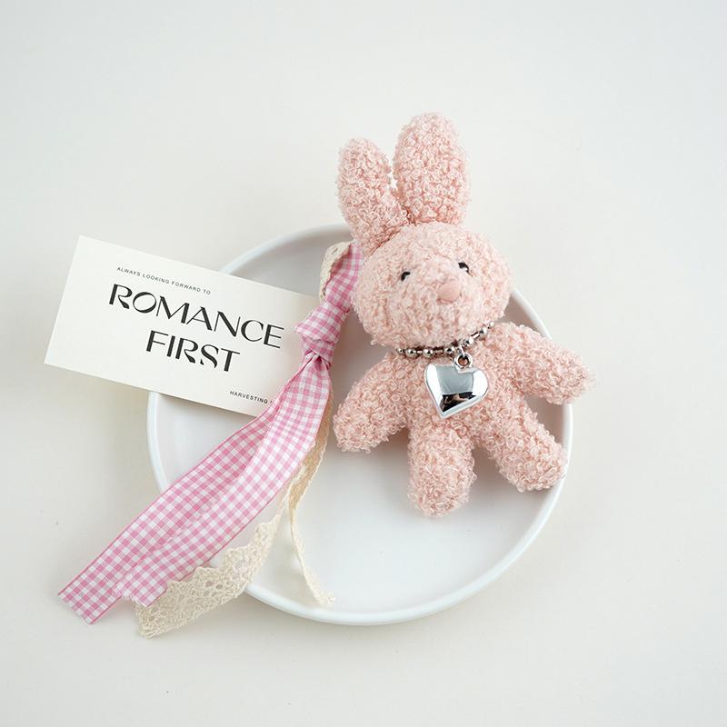 Silver Heart Bow Bunny Keychain Cute Rabbit Plush Doll Bag Pendant