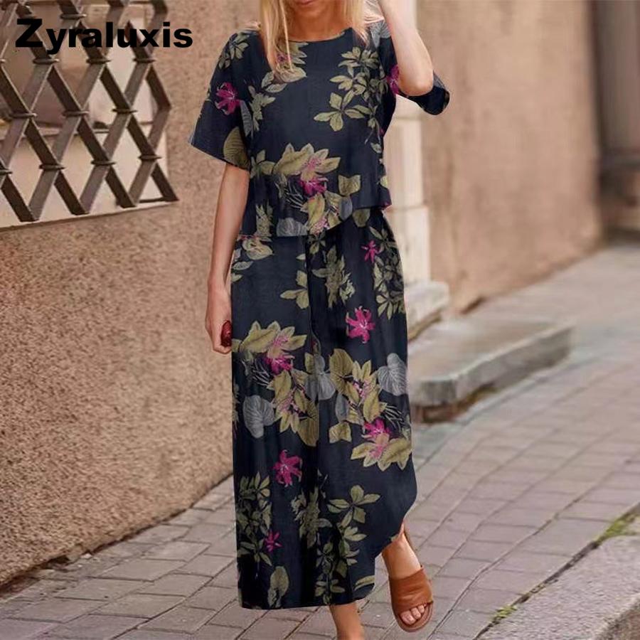 New Women's Printed Cotton Linen Floral Short Sleeve Casual Nine-Nine Pants Set Polyester