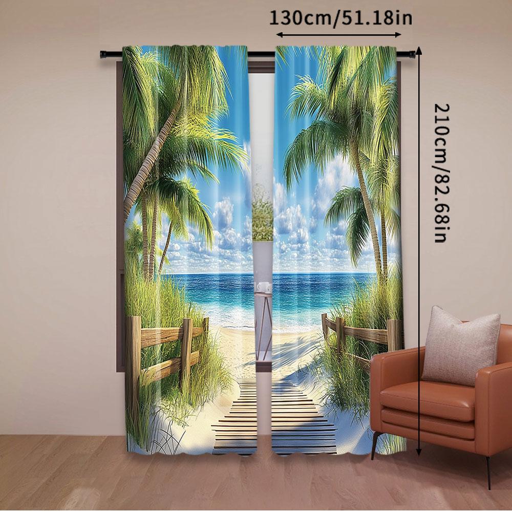 2Pcs Ocean Palm Tree Curtain Beach Tropical Hawaii Coastal Summer Sandy Seaside Exotic Seascape Green Blue Nature Landscape
