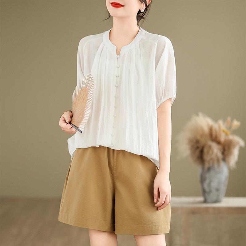 Johnature Summer Thin Simple Solid Color Women Tops Casual O-neck Short Sleeve Button Loose All Match Shirts
