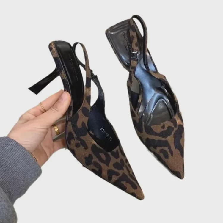 "2025 Summer Black Leopard Print Stiletto Heels - French Style, Closed Toe Sandals"