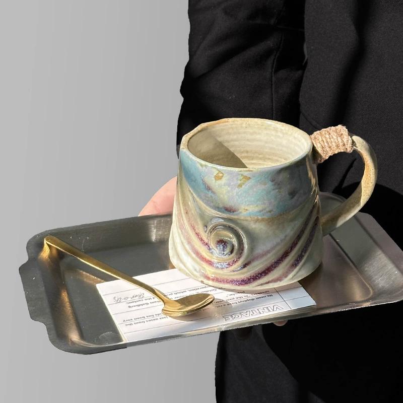Coarse Ceramic Coffee Mugs, 320ml, Large Capacity, Wide Bottom, Transmutation Glaze Craft, Handmade Pottery Mug, Tea Cups with Hemp Rope Handle