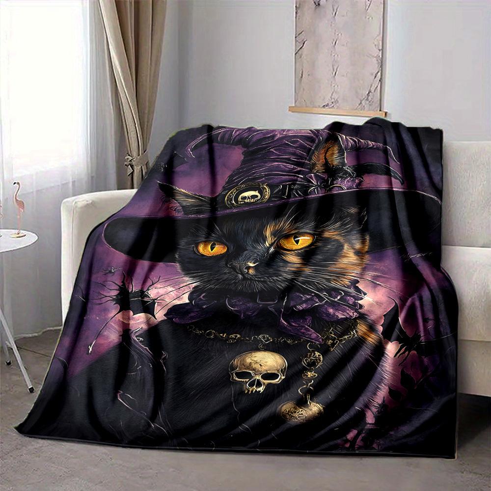 1pc Witchcraft Halloween Cat Blanket, Lightweight Flannel Throw Blanket for Sofa, Bed, Travel, Camping, Living Room, Office, Couch, Chair, and Bed