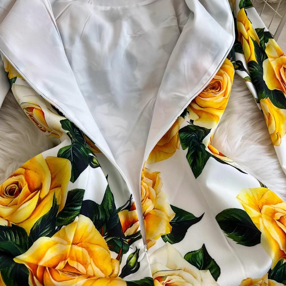 Summer Runway Fashion Rose Flower Print Bodycon Dress Women Holiday O-Neck 3/4 Sleeve Elegant Split Midi Party Dresses