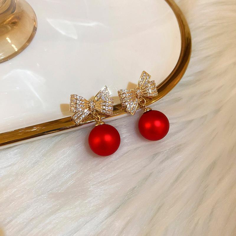 

Red White Pearl Pendants Women s Dangle Earrings Crystal Bowknot Top Round Ball Drop Earrings Elegant Party Ear Zircon brincos