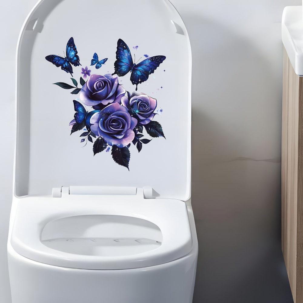 Self-adhesive Waterproof Toilet Seat Stickers Purple Rose Butterfly for Bathroom Decor