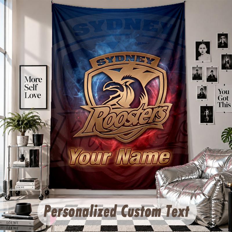 Arazzo da Appendere alla Parete con Nome e Testo Personalizzati, Arazzo Decorativo Sydney Roosters per Camera da Letto