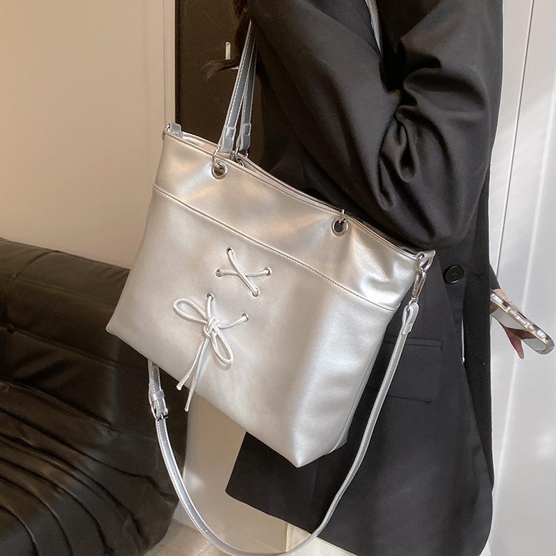 Summer Sweet Tote Bag for Women  New Large Capacity Soft PU Lace-up Shoulder Bags Fashion College Student Commuter Handbags