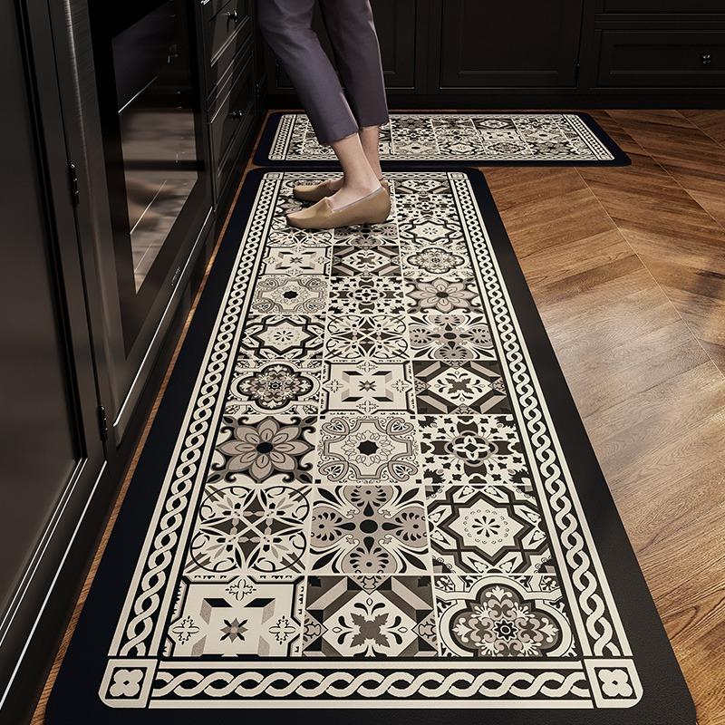 PVC Kitchen Carpet Waterproof Leather Floor Mat Large Non-slip Oil-resistant Carpets Brown Retro American Home Decoration Rug