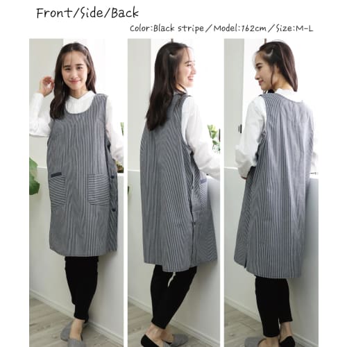 Nishiki Women's Side Button Apron (Available in Sizes M/LL), Cotton Polyester, Wrinkle-Resistant, Long Length, with Pockets (Black Stripe: B/LL/ka2202