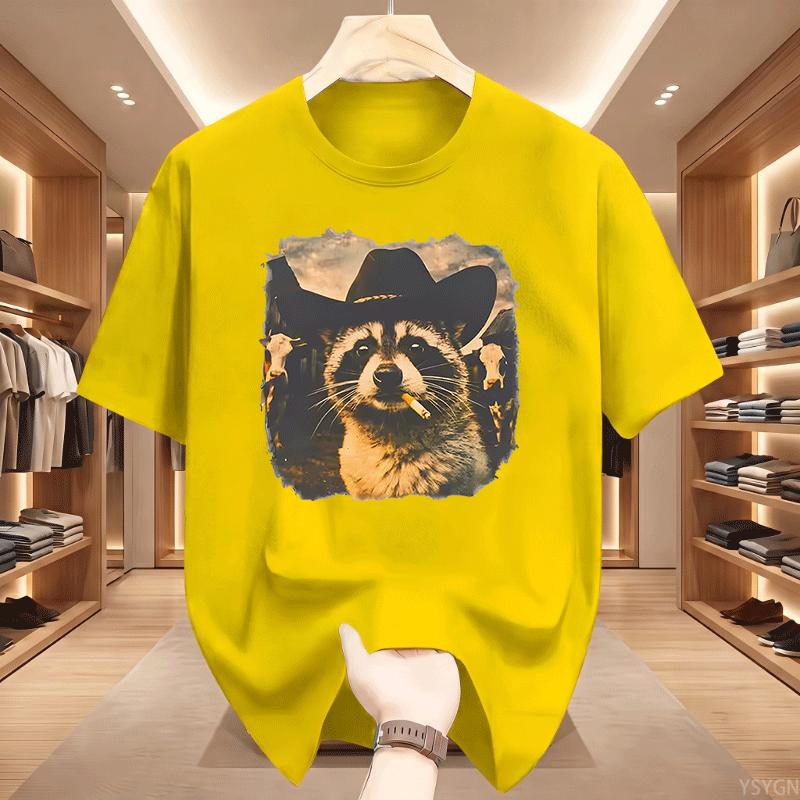 Funny Cowboy Raccoon Unisex Unisex Tshirt Animal Meme Graphic Tee Vintage Comfortable Short Sleeve Loose Tees Streetwear Tops