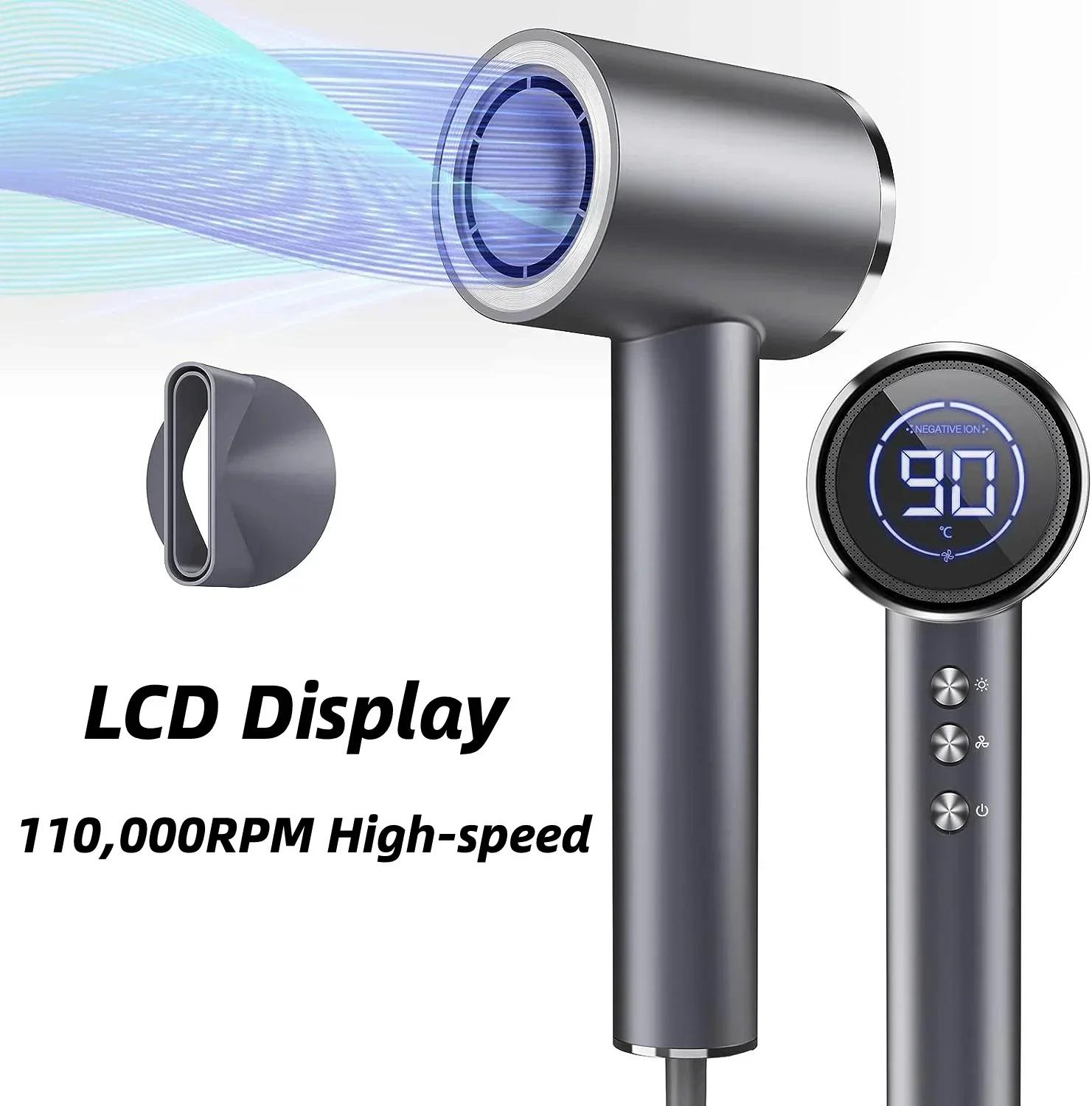 

Фен с ЖК-дисплеем, 110 000 об/мин, мощный поток воздуха, высокоскоростной фен для быстрой сушки, профессиональный фен с отрицательными ионами UK