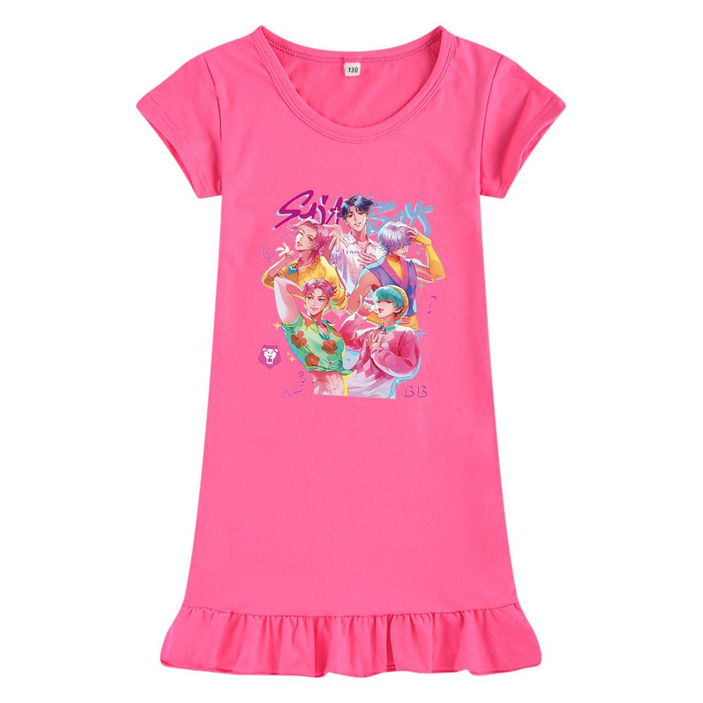 M1207 Kids Girls Sajaboys Kpop Rumi Zoey Mira Print Short Sleeves Ruffle Dress