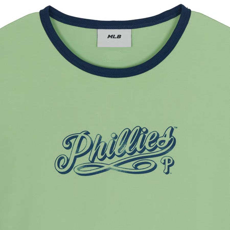 MLB Philadelphia Phillies Letter Slim Fit Color Block Short Sleeve T-Shirt Women Tops 3FTSV5063-10GNP