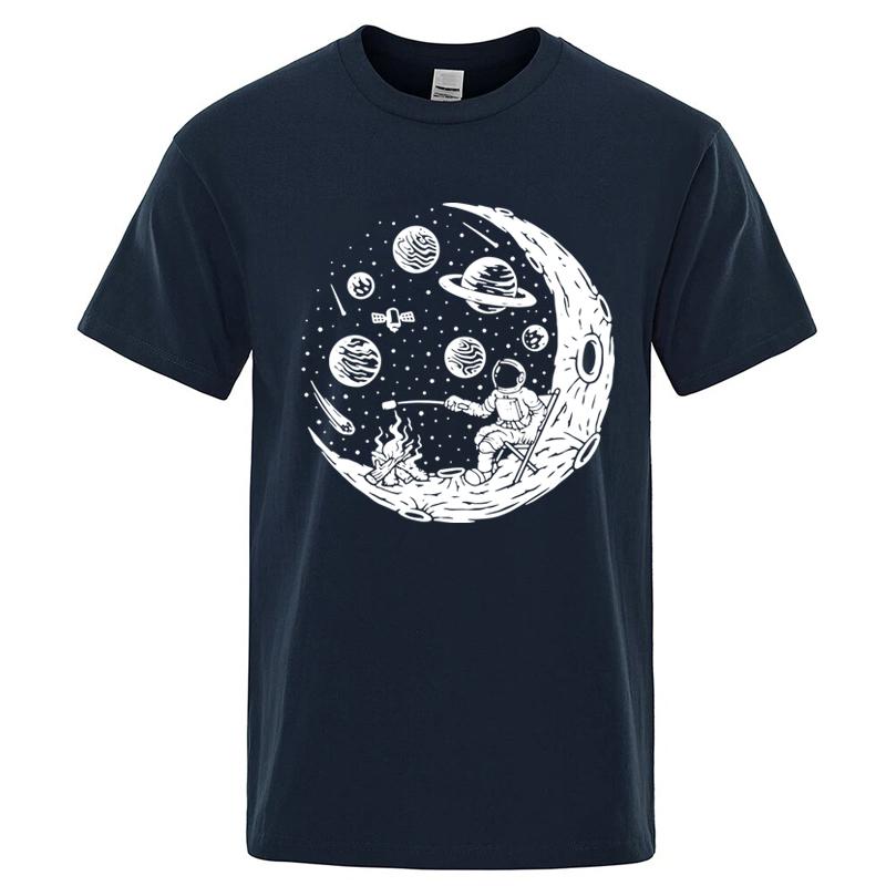 Mens Tshirt High Quality 100 Cotton Funny Astronaut Moon Barbecue Print Casual Loose Cool Men Oneck Tshirt Tee Tops