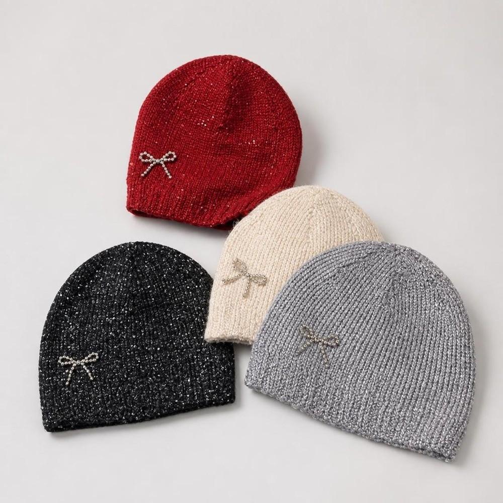 Rhinestone Bow Decor Skull Cap Hat Lightweight Warm Lining Sparkly Beanie Hat  Daily Wear