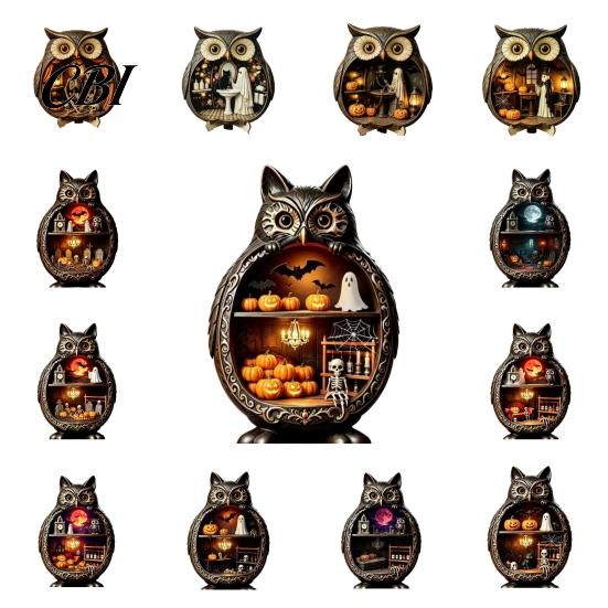 Vintage Wood Halloween Wooden Owl Tabletop Centerpiece, 2D Flat Pumpkin Ghost Bat Art Skeleton Standing Table Sign for Party, Shelf, Desk Decor Shelf