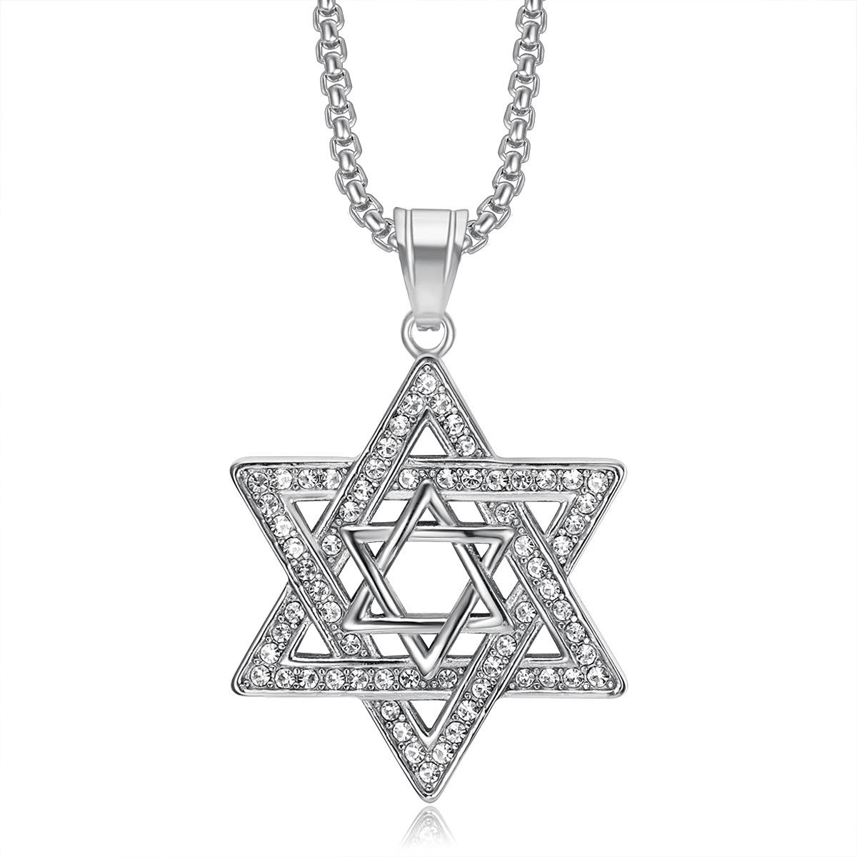 Zirconium Star of David Pendant Men s Hexagram Necklace European and American Hip Hop Men s Accessories 45cm серебряный