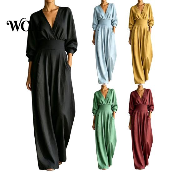 Everyday Wear Jumpsuit Women's Long Sleeve Jumpsuit, Deep V Neck Loose Wide Leg Women Rompers, High Waist Summer Casual One Piece Outfits with Pockets