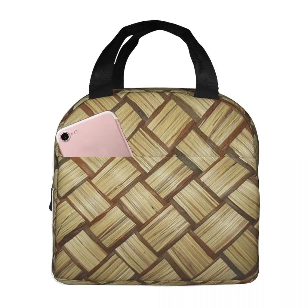 Braided Rattan Wood Wicker Lunch Bags Insulated Bento Box Waterproof Lunch Tote Resuable Picnic Bags for Woman Children Travel