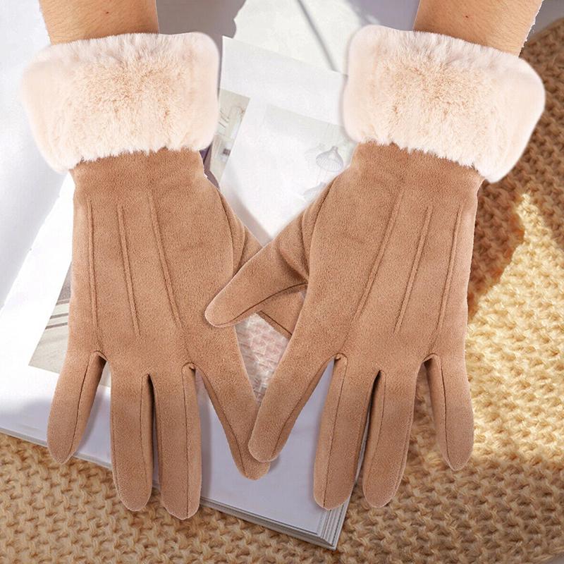 1Pair Touch Screen Winter Fleece Suede Soft Women Warm Gloves Ladies Fur Lined Thermal