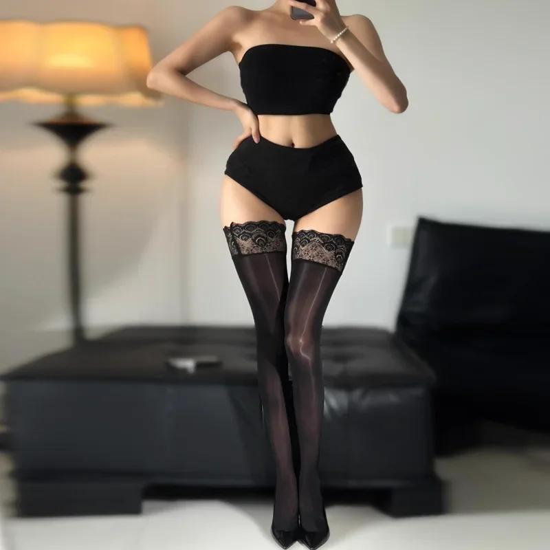 Sexy Women Thigh-High Stocking Glossy Oil Shnny Peacock Tail Lace Top Silicone Non-Slip Smooth Legging Summer Fasnhion Jk Ootd