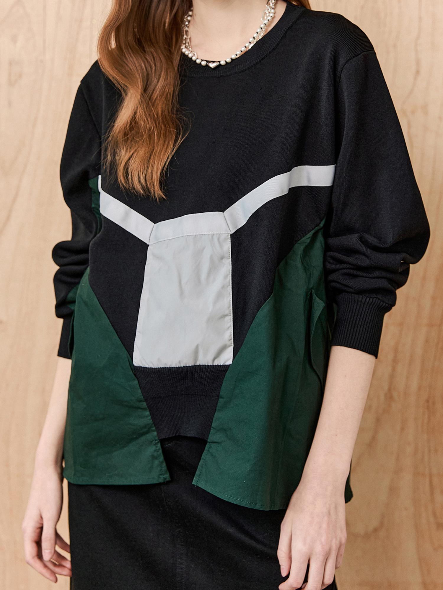 Maja Woven Color Block Shirred Knit Blouse Black/Free
