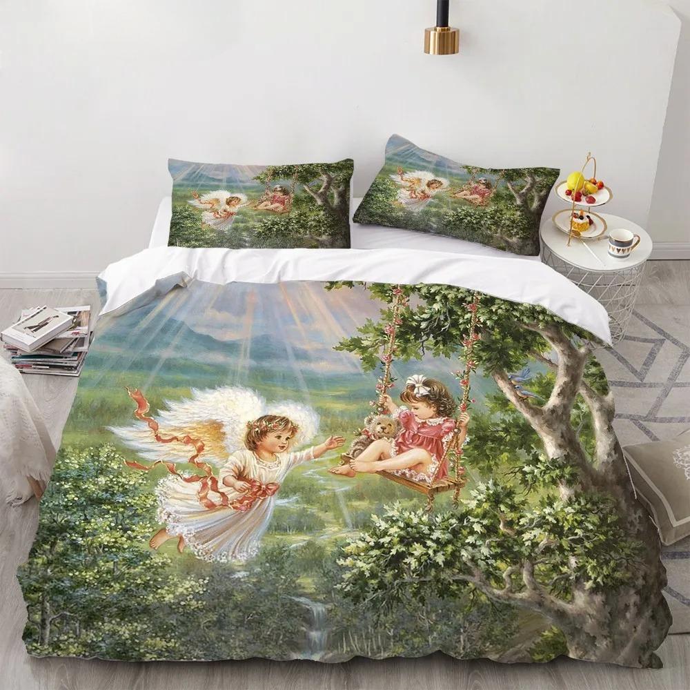 Angel Oil Painting Microfibre Bedding Sets, Children's Birthday Gift with Zip Room Decor for Teenagers Adulte 2-3 Pieces Duvet C